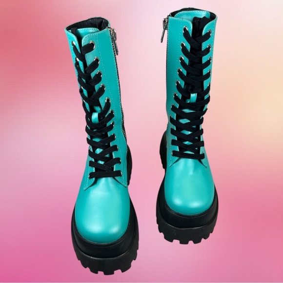 Dolls Kill | Current Mood Teal Platform Combat Boots - Picture 4 of 10